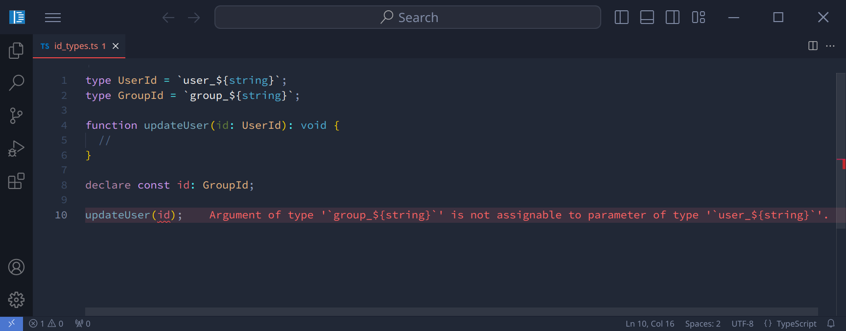 A code snippet demonstrating type safety of IDs in TypeScript
